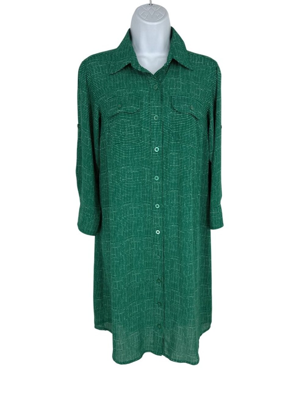 CAbi Emerald Green White Dot Roll Sleeve Button Front Shirt Dress Size S